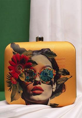 Mustard Fabric Colorful Sunglasses Portrait Printed Box Clutch