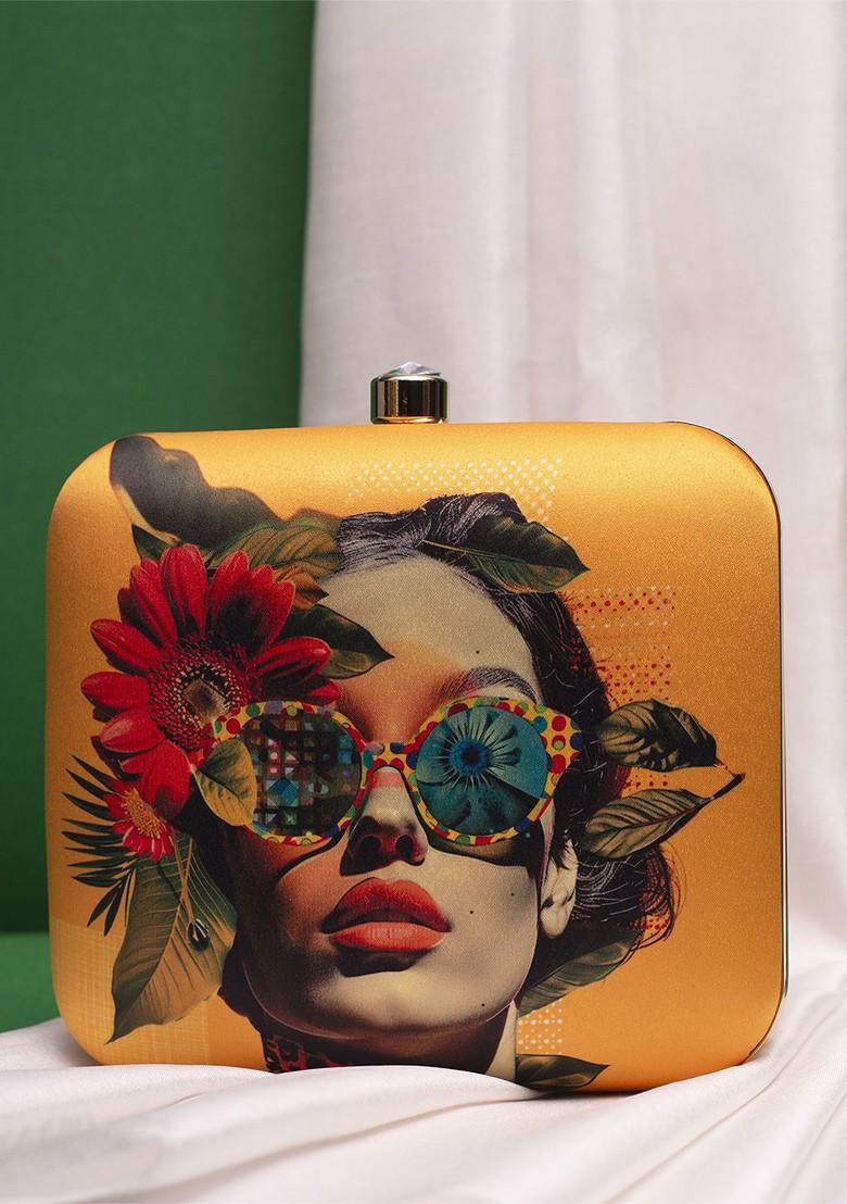 Mustard Fabric Colorful Sunglasses Portrait Printed Box Clutch - Indya
