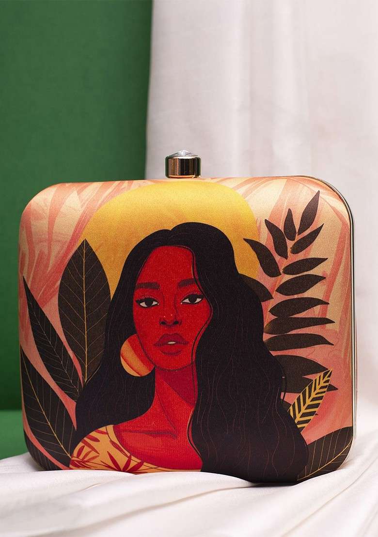Beige Fabric Afro Portrait Printed Box Clutch - Indya