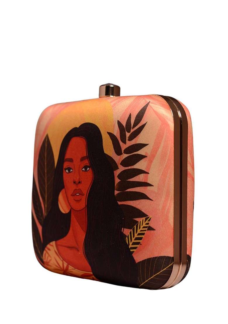 Beige Fabric Afro Portrait Printed Box Clutch - Indya