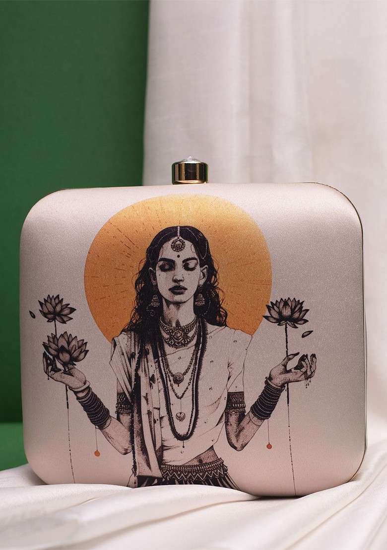 Off White Fabric Goddess Lakshmi Printed Box Clutch - Indya