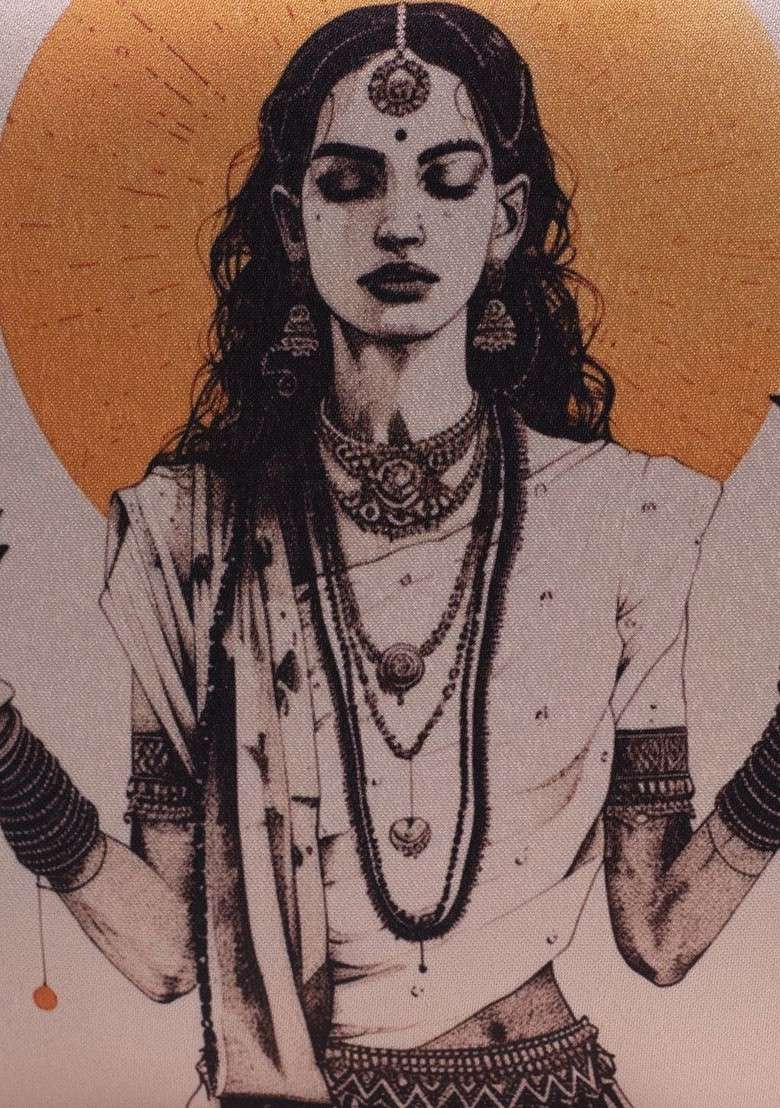 Off White Fabric Goddess Lakshmi Printed Box Clutch - Indya
