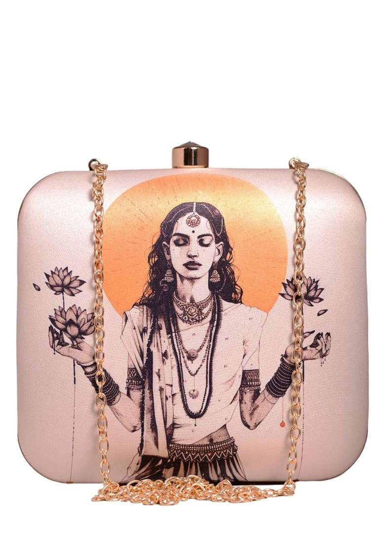 Off White Fabric Goddess Lakshmi Printed Box Clutch - Indya