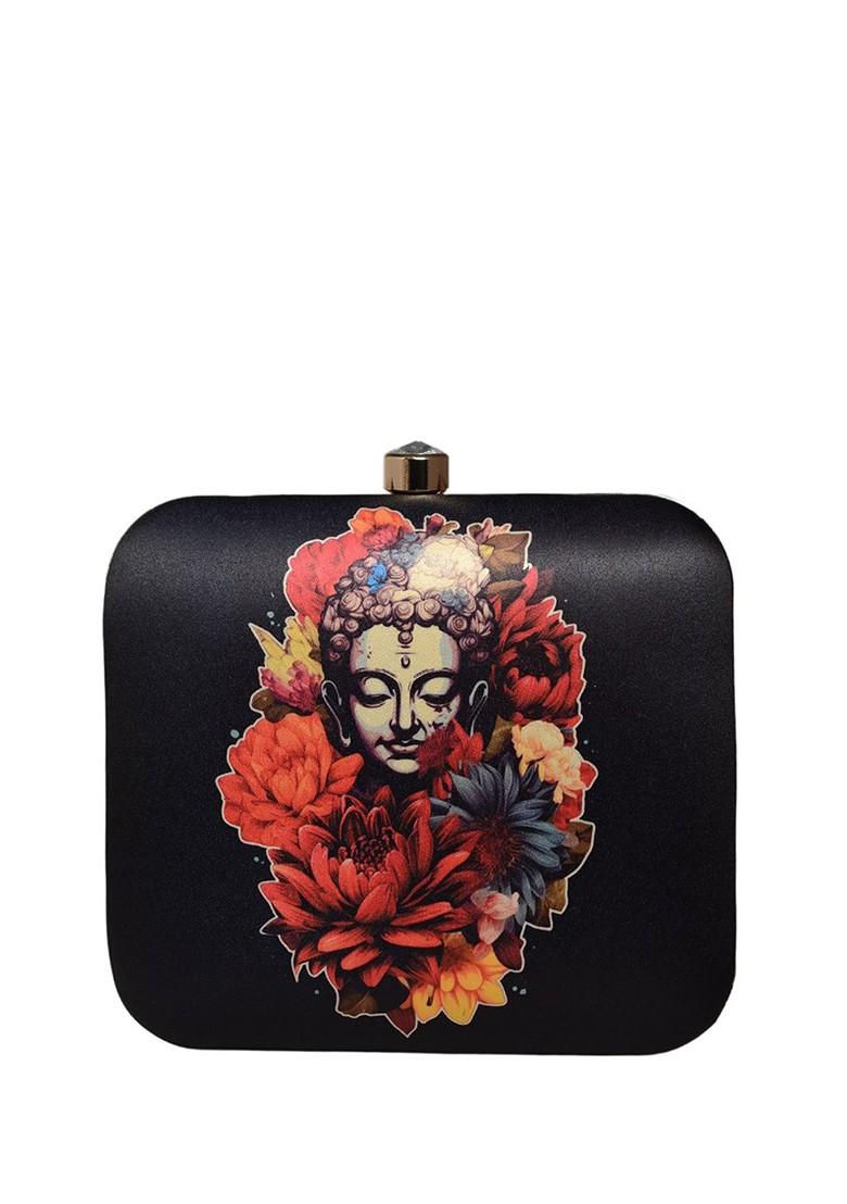Black Fabric Floral Buddha Printed Box Clutch - Indya
