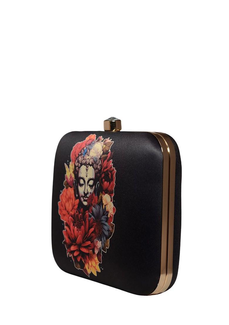 Black Fabric Floral Buddha Printed Box Clutch - Indya