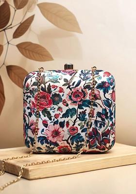 White Fabric Floral Printed Box Clutch