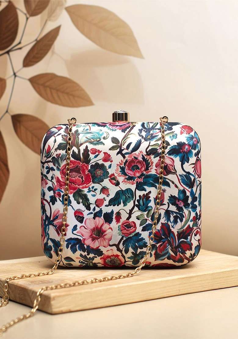 White Fabric Floral Printed Box Clutch - Indya