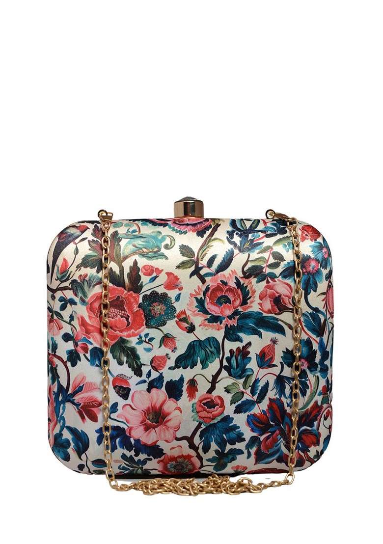White Fabric Floral Printed Box Clutch - Indya