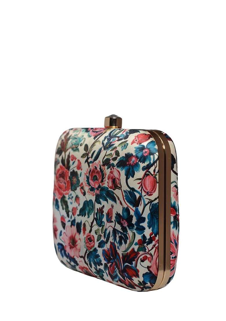 White Fabric Floral Printed Box Clutch - Indya