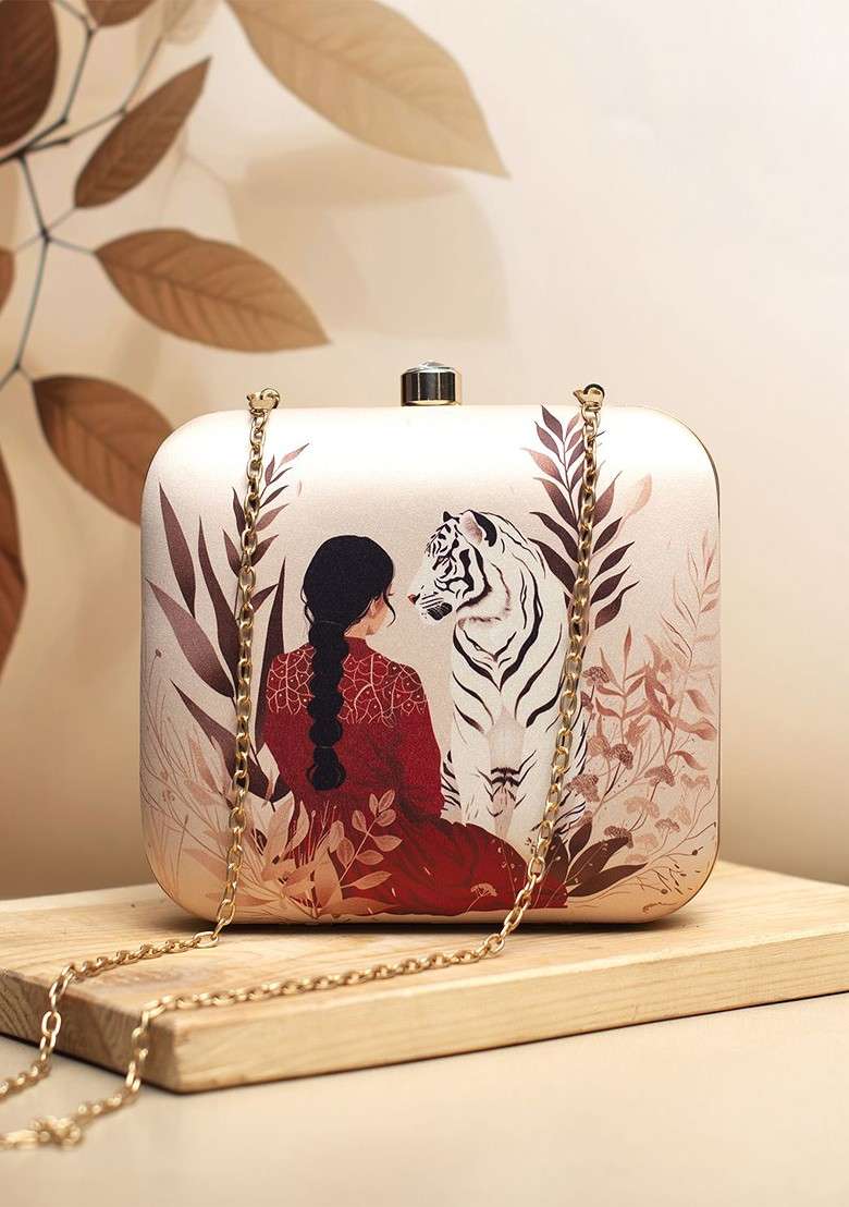 Cream Fabric Lady With White Tiger Printed Box Clutch - Indya