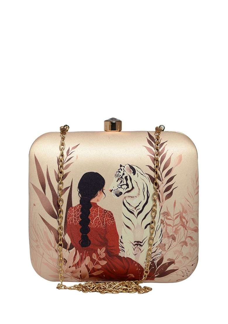 Cream Fabric Lady With White Tiger Printed Box Clutch - Indya