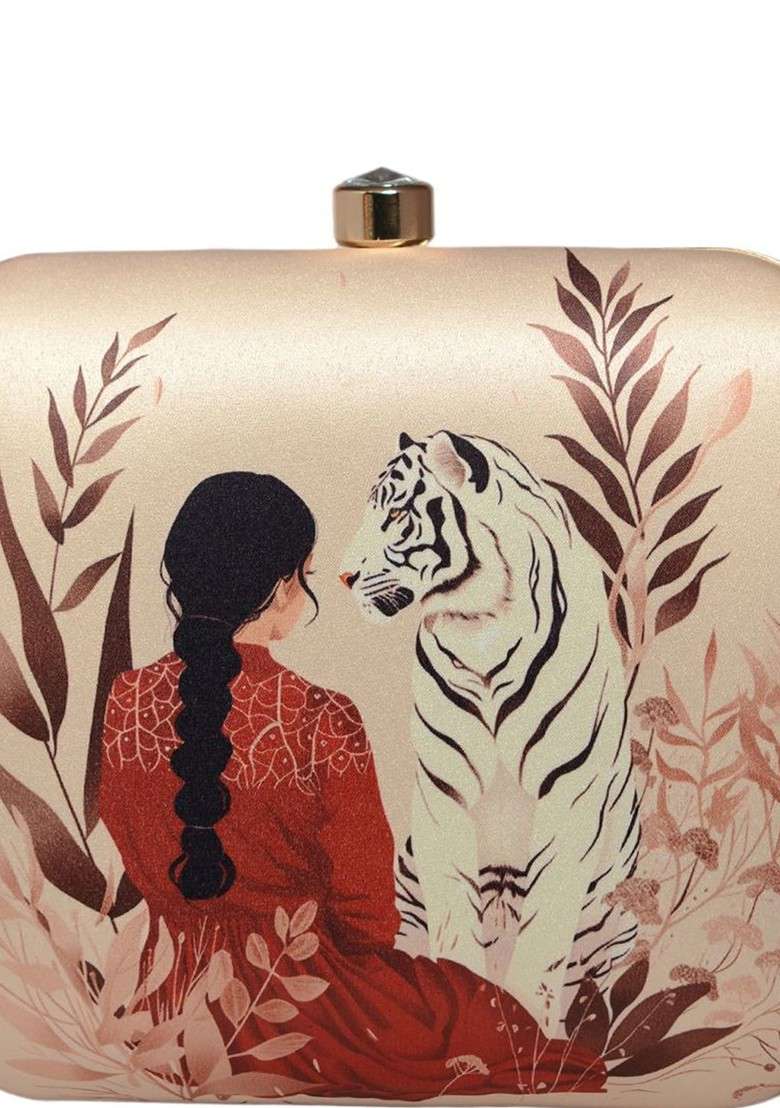 Cream Fabric Lady With White Tiger Printed Box Clutch - Indya