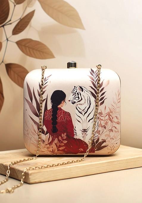 Cream Fabric Lady With White Tiger Printed Box Clutch
