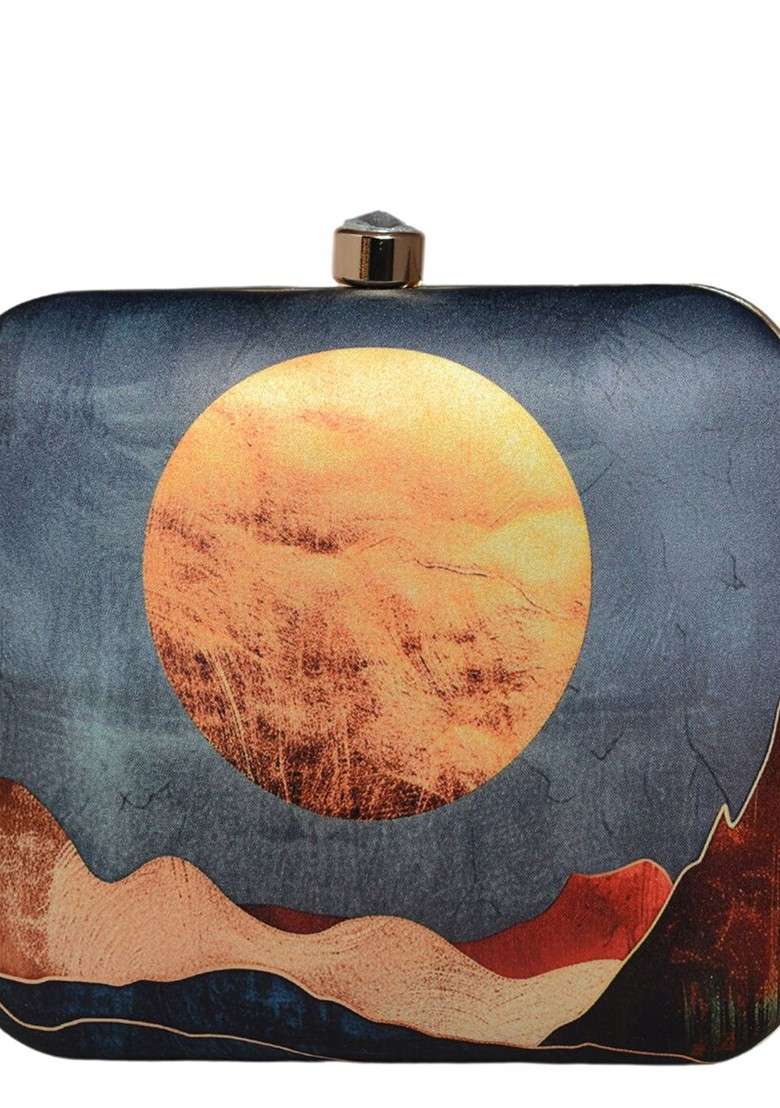 Grey Fabric Sunset In Desert Printed Box Clutch - Indya