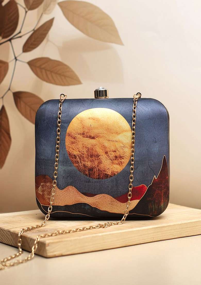 Grey Fabric Sunset In Desert Printed Box Clutch - Indya
