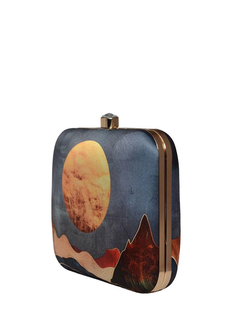 Grey Fabric Sunset In Desert Printed Box Clutch - Indya