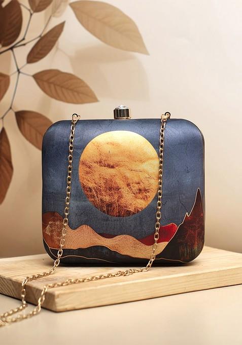 Grey Fabric Sunset In Desert Printed Box Clutch