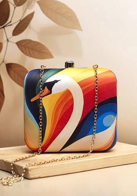 Orange Fabric Swan Printed Box Clutch