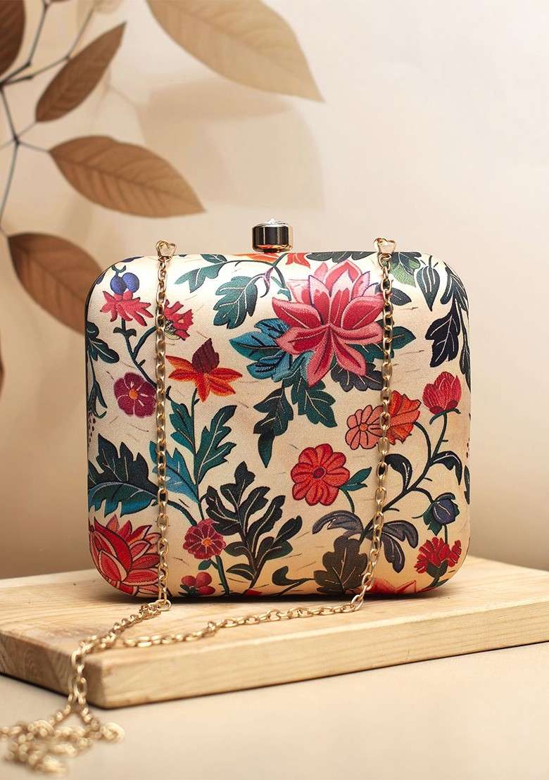 Beige Fabric Floral Printed Shoulder Strap Box Clutch - Indya