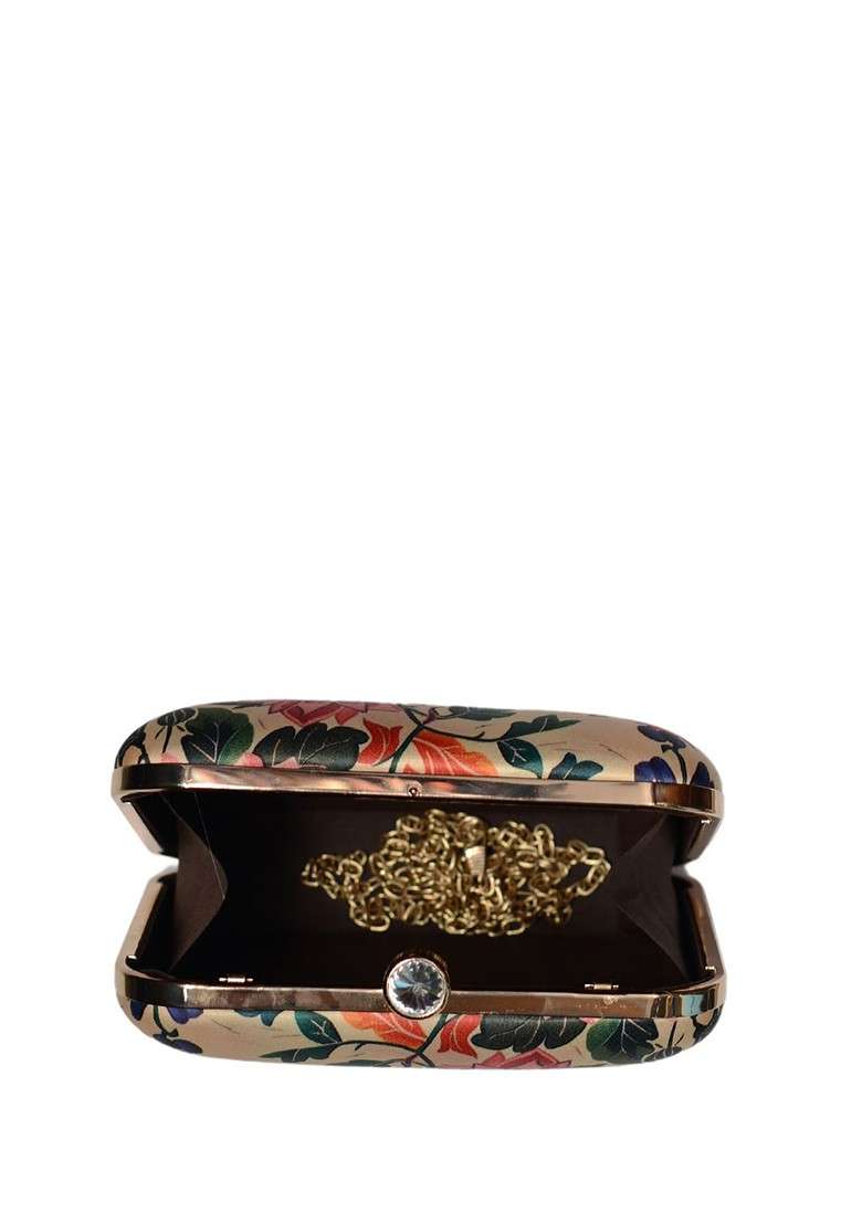 Beige Fabric Floral Printed Shoulder Strap Box Clutch - Indya