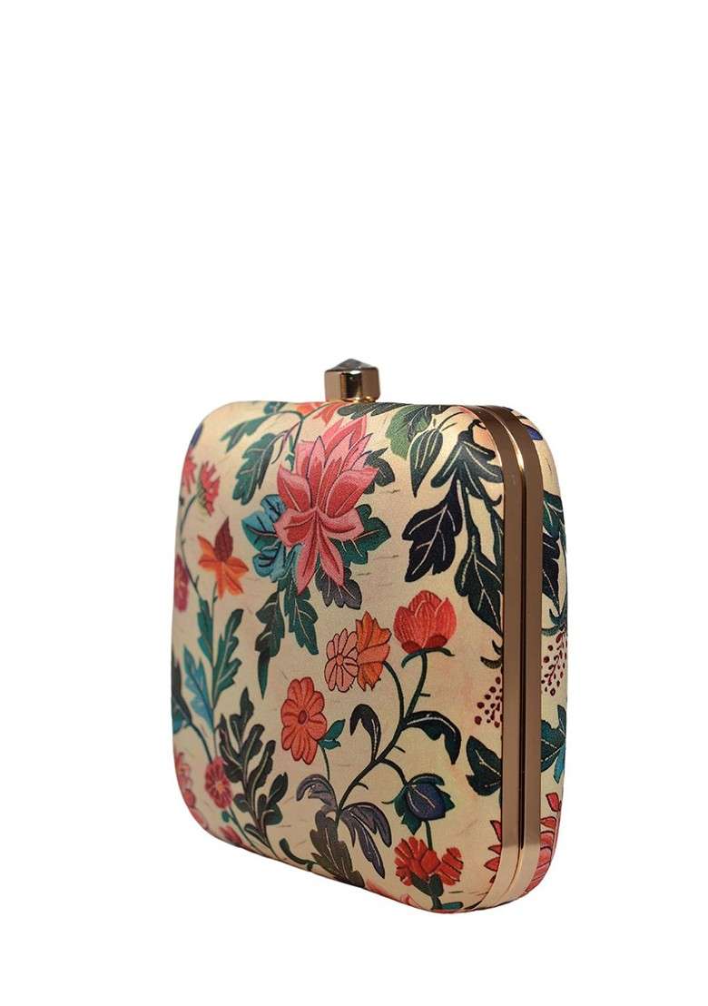 Beige Fabric Floral Printed Shoulder Strap Box Clutch - Indya
