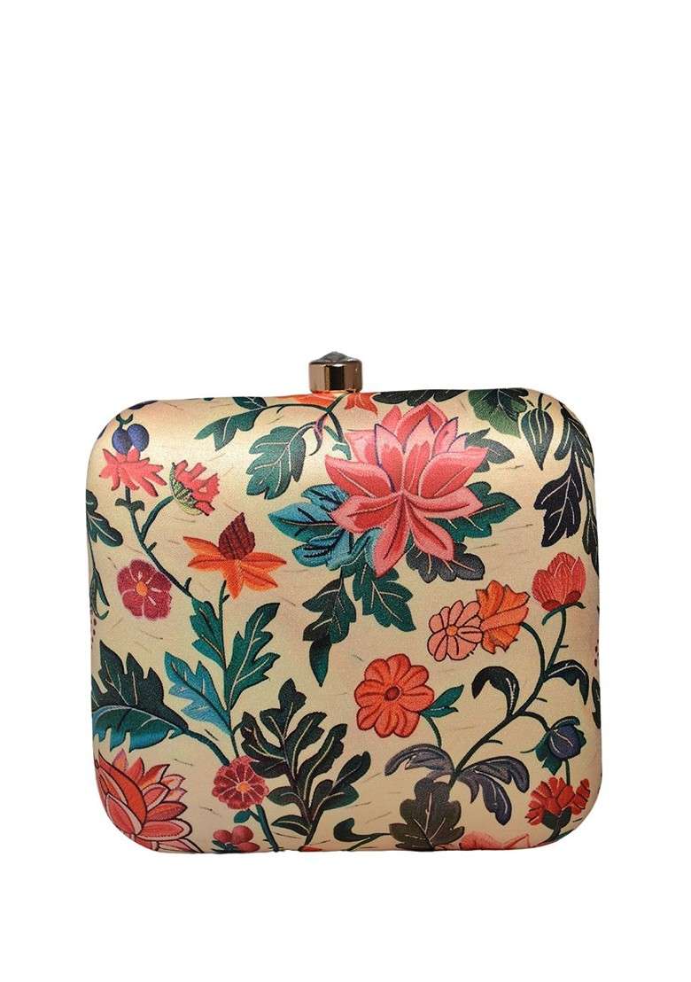 Beige Fabric Floral Printed Shoulder Strap Box Clutch - Indya