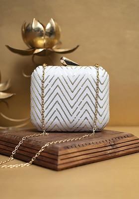 White Satin Embroidered Sequinned Box Clutch