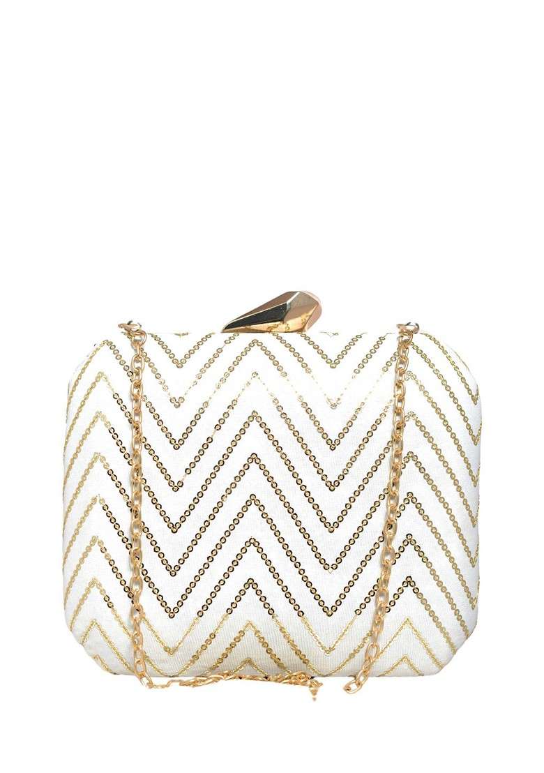 White Satin Embroidered Sequinned Box Clutch - Indya