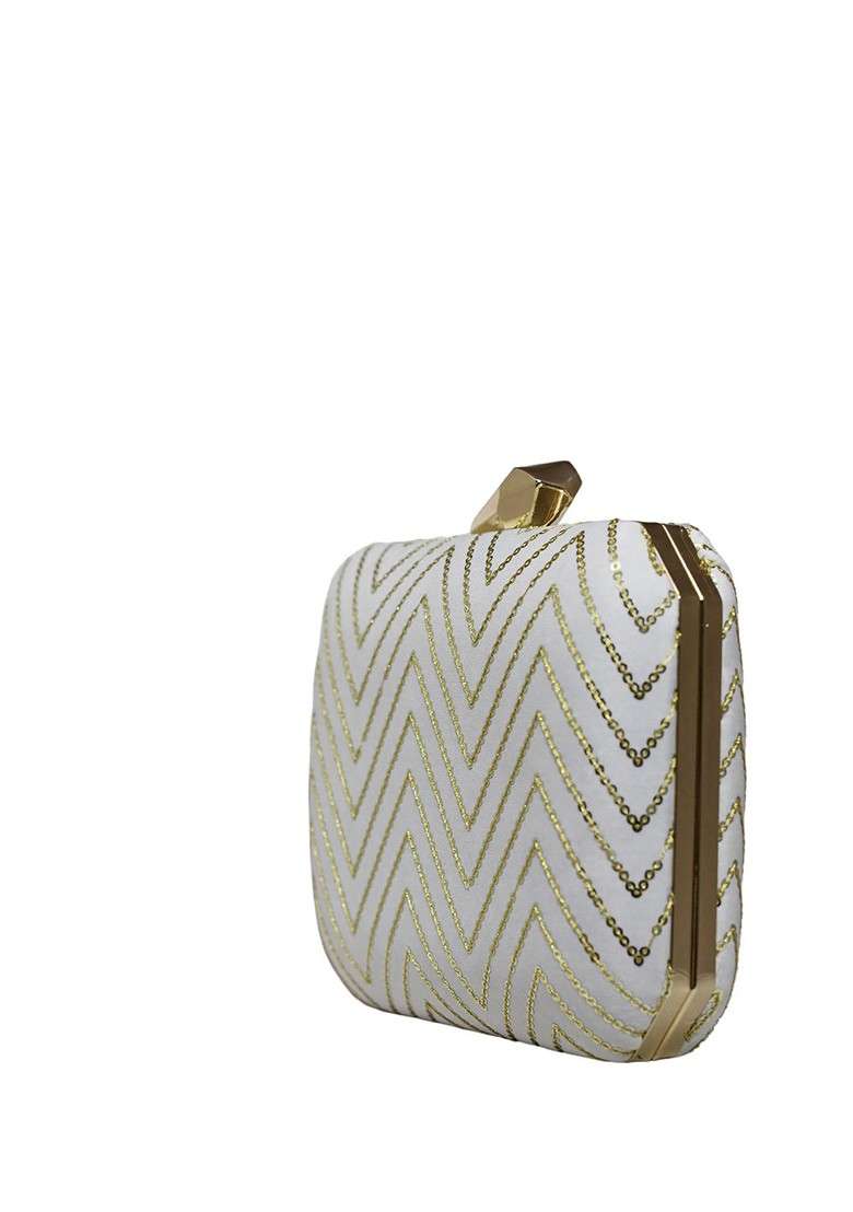 White Satin Embroidered Sequinned Box Clutch - Indya
