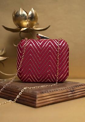 Maroon Satin Embroidered Sequinned Box Clutch