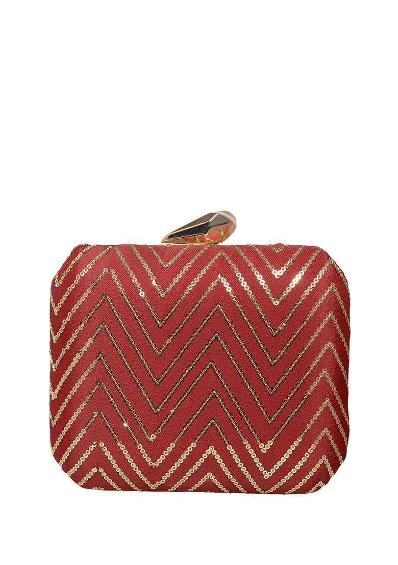 Maroon Satin Embroidered Sequinned Box Clutch - Indya