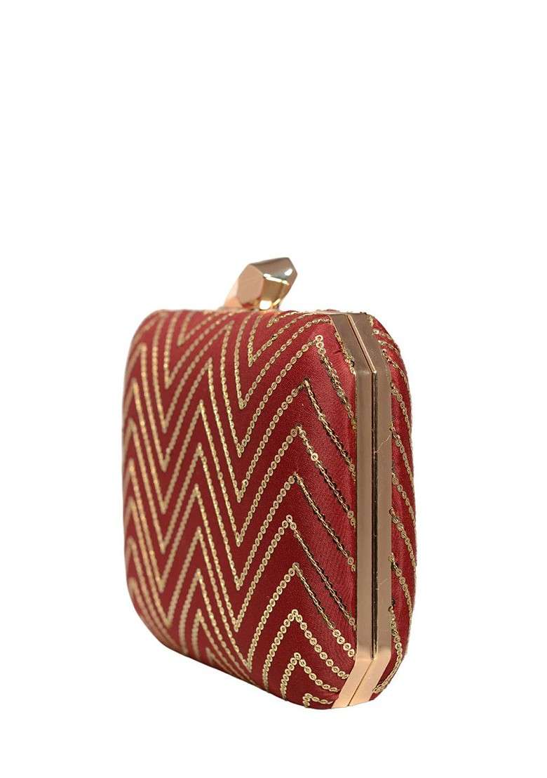 Maroon Satin Embroidered Sequinned Box Clutch - Indya