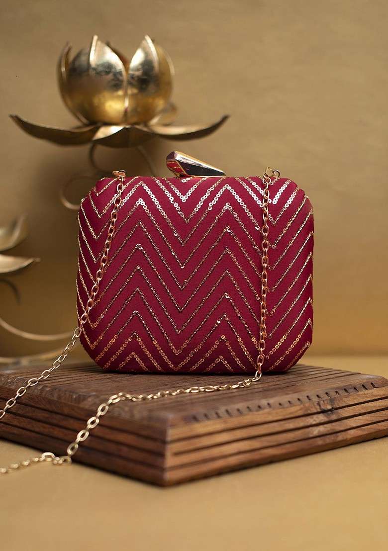 Maroon Satin Embroidered Sequinned Box Clutch - Indya
