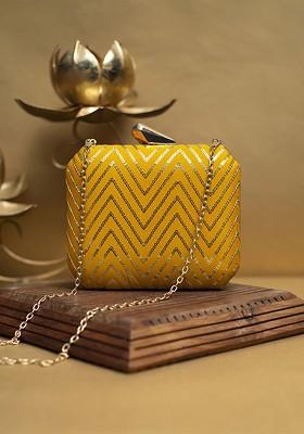 Yellow Satin Embroidered Sequinned Box Clutch