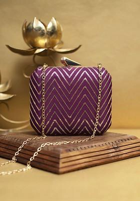 Purple Satin Embroidered Sequinned Box Clutch