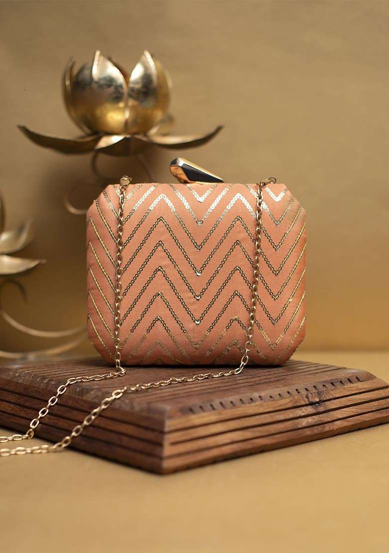 Peach Satin Embroidered Sequinned Box Clutch - Indya