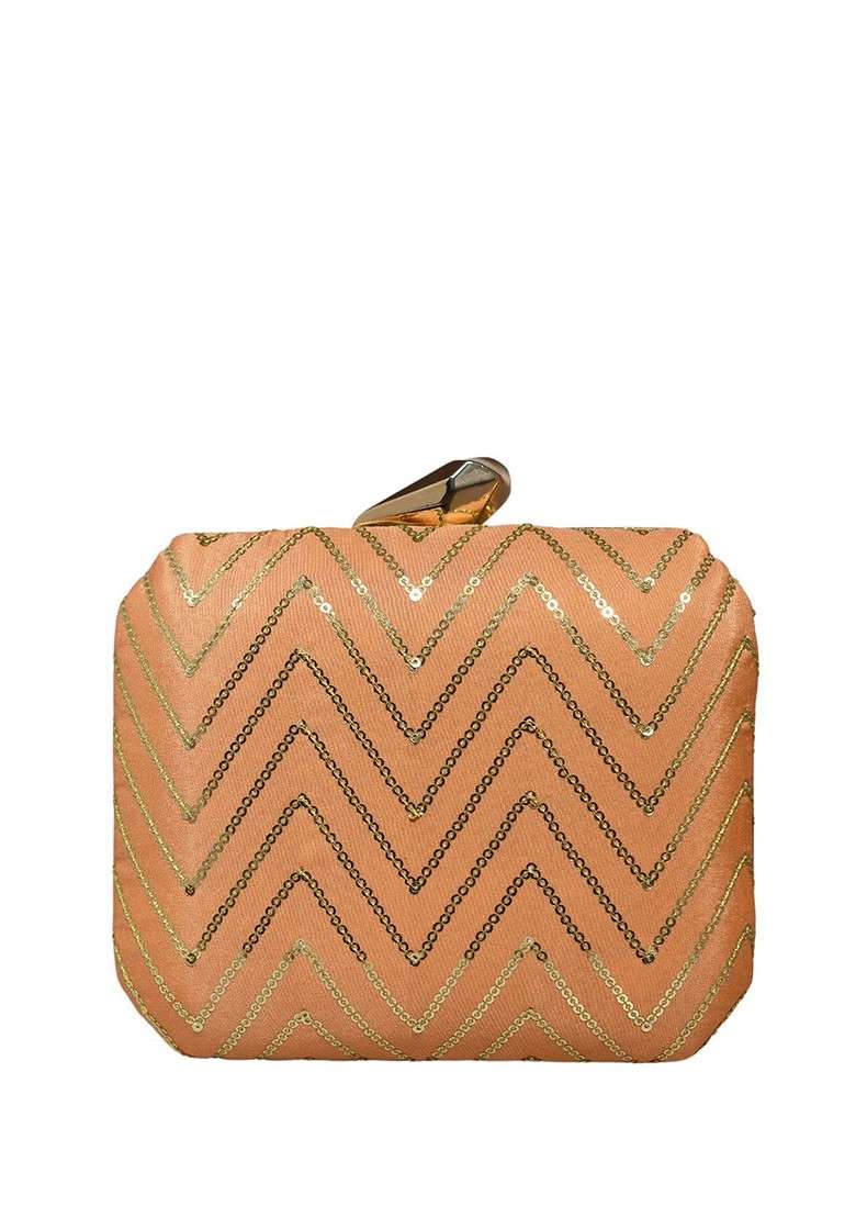Peach Satin Embroidered Sequinned Box Clutch - Indya
