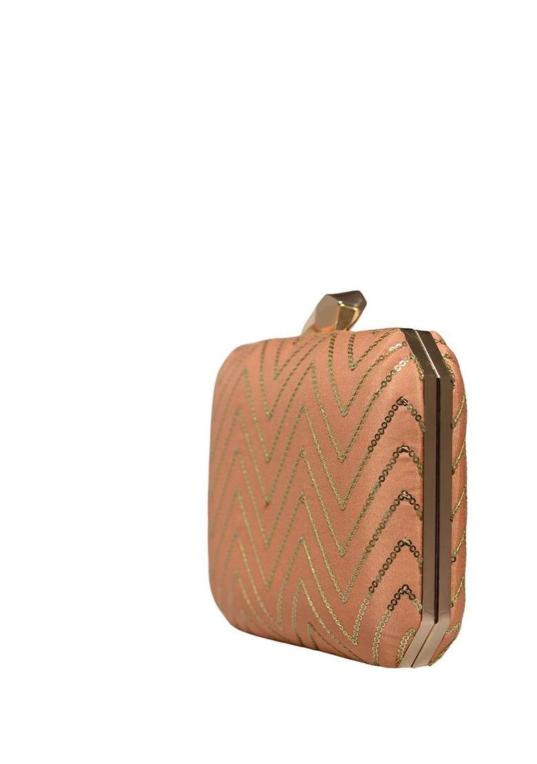 Peach Satin Embroidered Sequinned Box Clutch - Indya