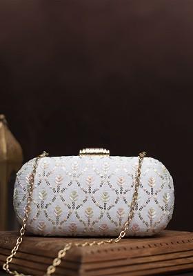 White Satin Embroidered Box Clutch