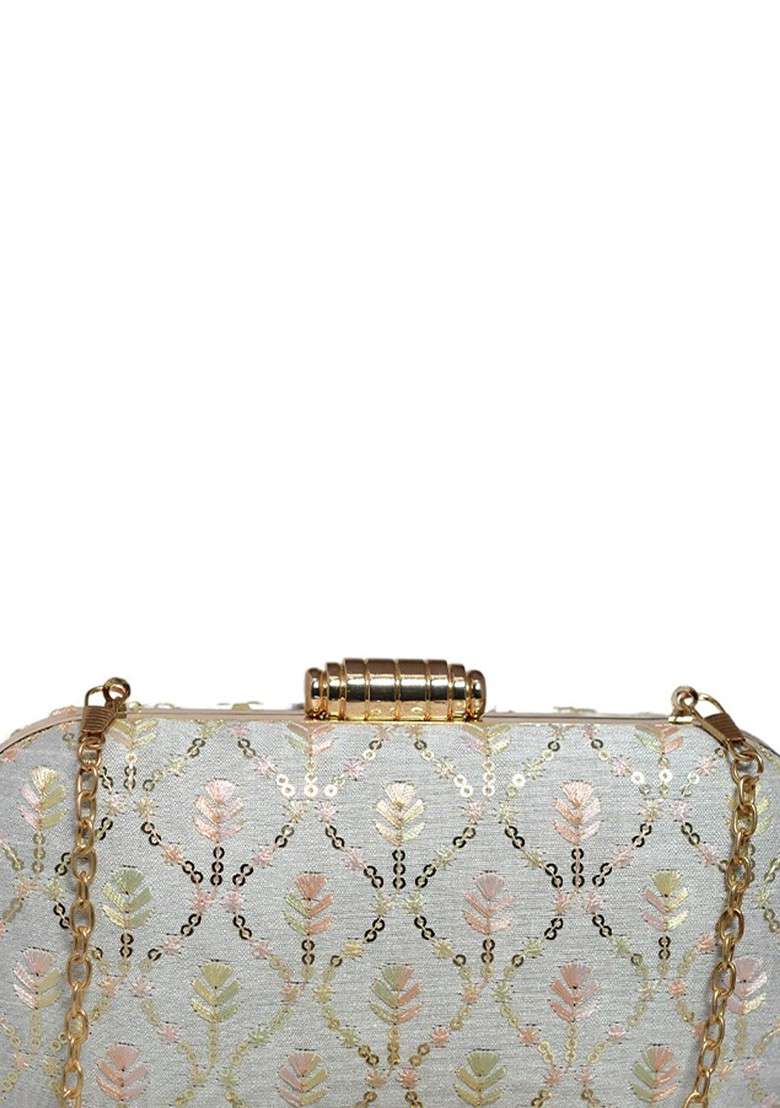 White Satin Embroidered Box Clutch - Indya