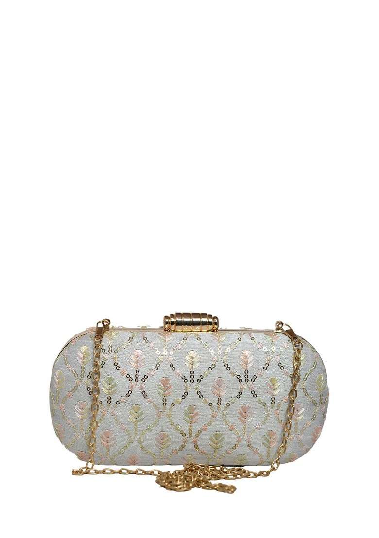 White Satin Embroidered Box Clutch - Indya