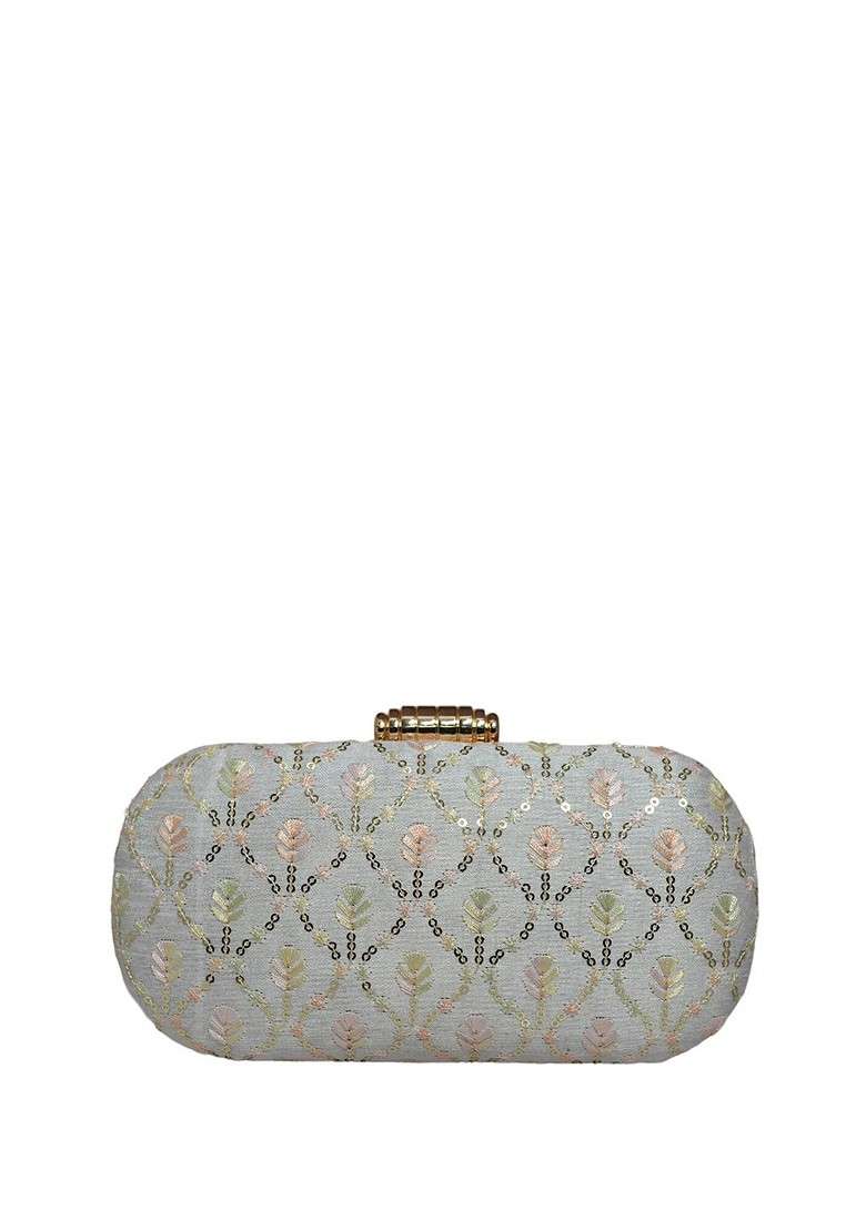 White Satin Embroidered Box Clutch - Indya