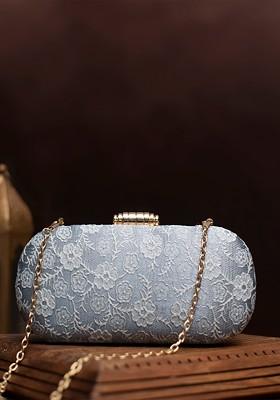 Grey Satin Embroidered Box Clutch