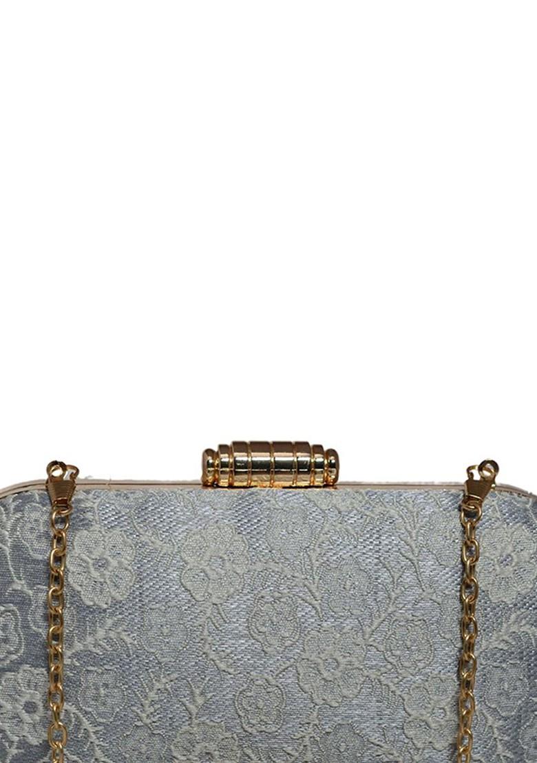 Grey Satin Embroidered Box Clutch - Indya