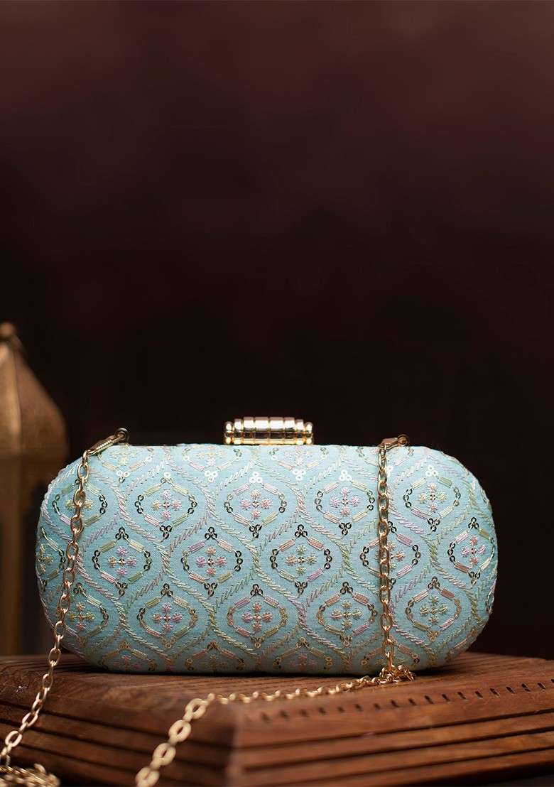 Blue Satin Embellished Box Clutch - Indya