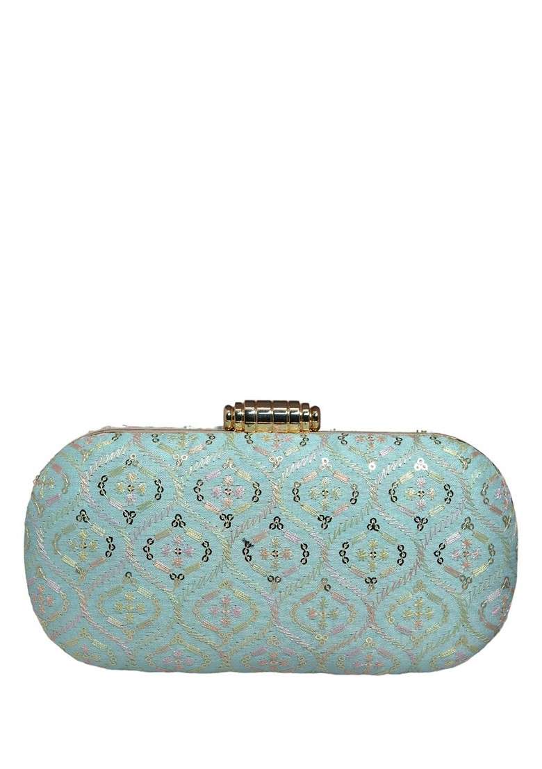 Blue Satin Embellished Box Clutch - Indya