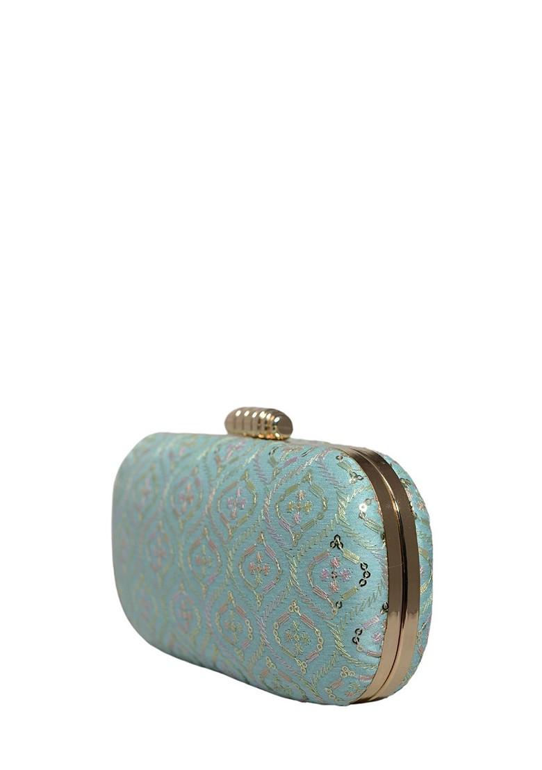 Blue Satin Embellished Box Clutch - Indya