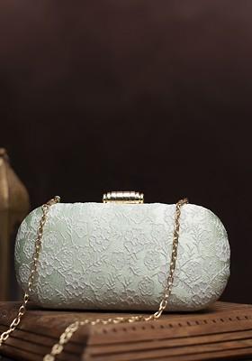 Green Satin Embroidered Box Clutch