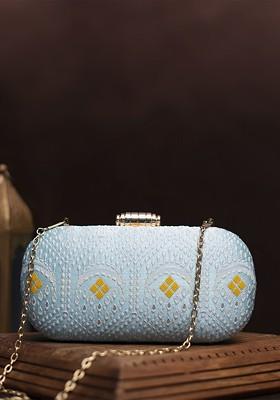 Blue Satin Embroidered Box Clutch