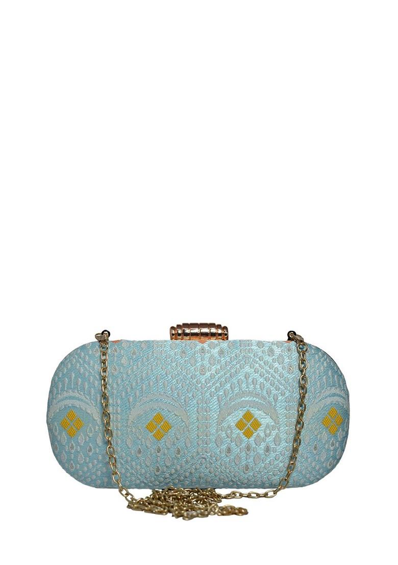 Blue Satin Embroidered Box Clutch - Indya